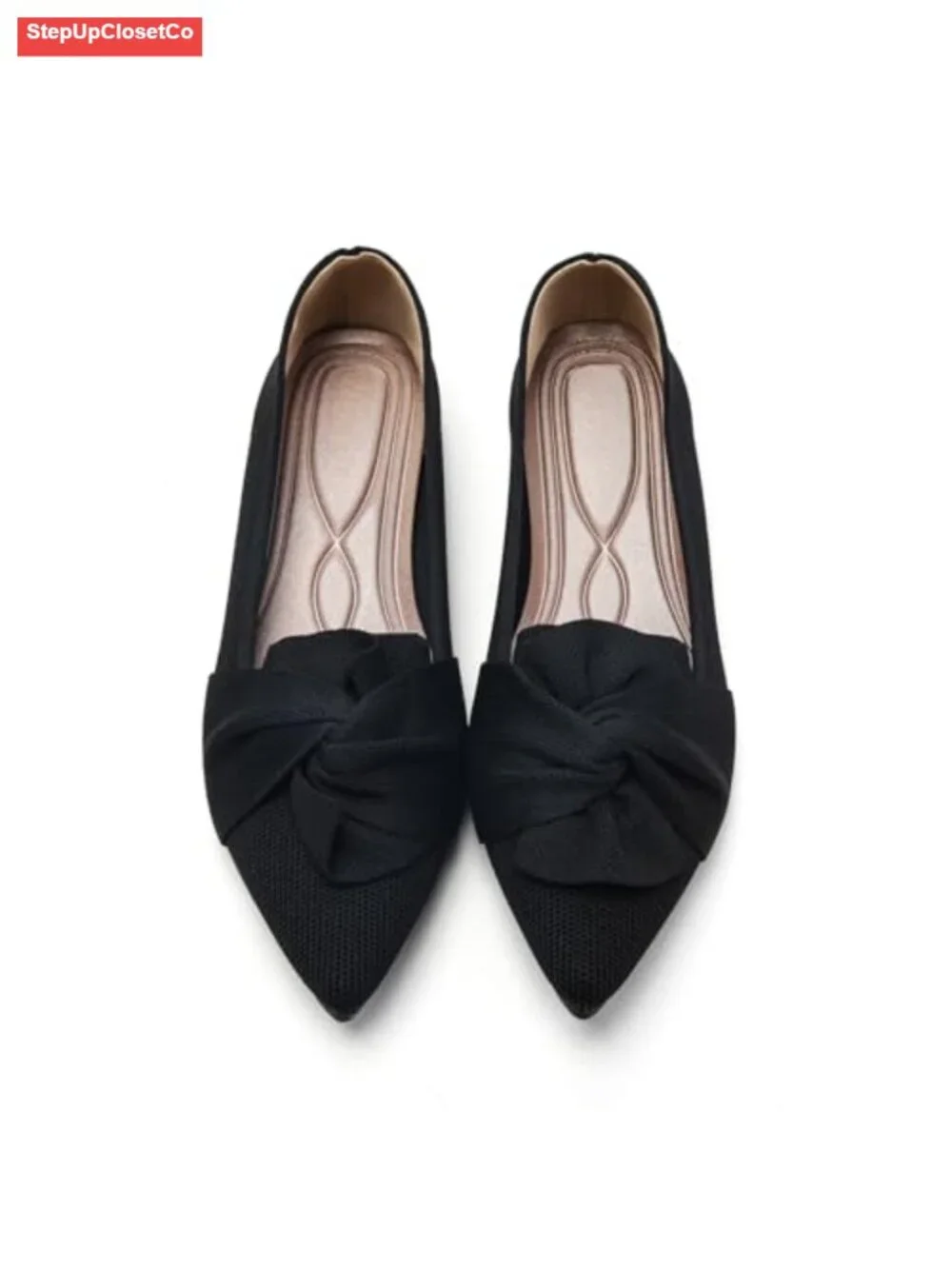 Pointed Toe Ballet Flats with Bow - Comfortable Knit Dressy Flats